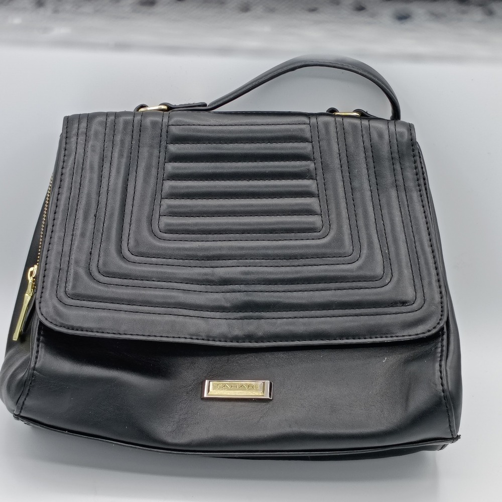 Tahari Womens Quilted Shoulder Bag Black Medium Gold Hardware